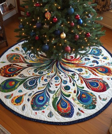 Peacock Feather Wheel Christmas Tree Skirt — Handmade, Many Color Options, Made-To-Order Luxury Tree Skirt