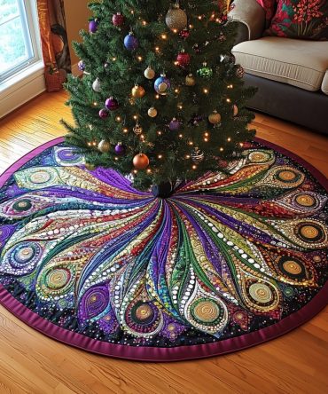 Bright Feather Rosette Tree Skirt With Dark Border — Bold Colorful Holiday Tree Skirt, Custom-Made Accent For Vibrant Christmas Decor