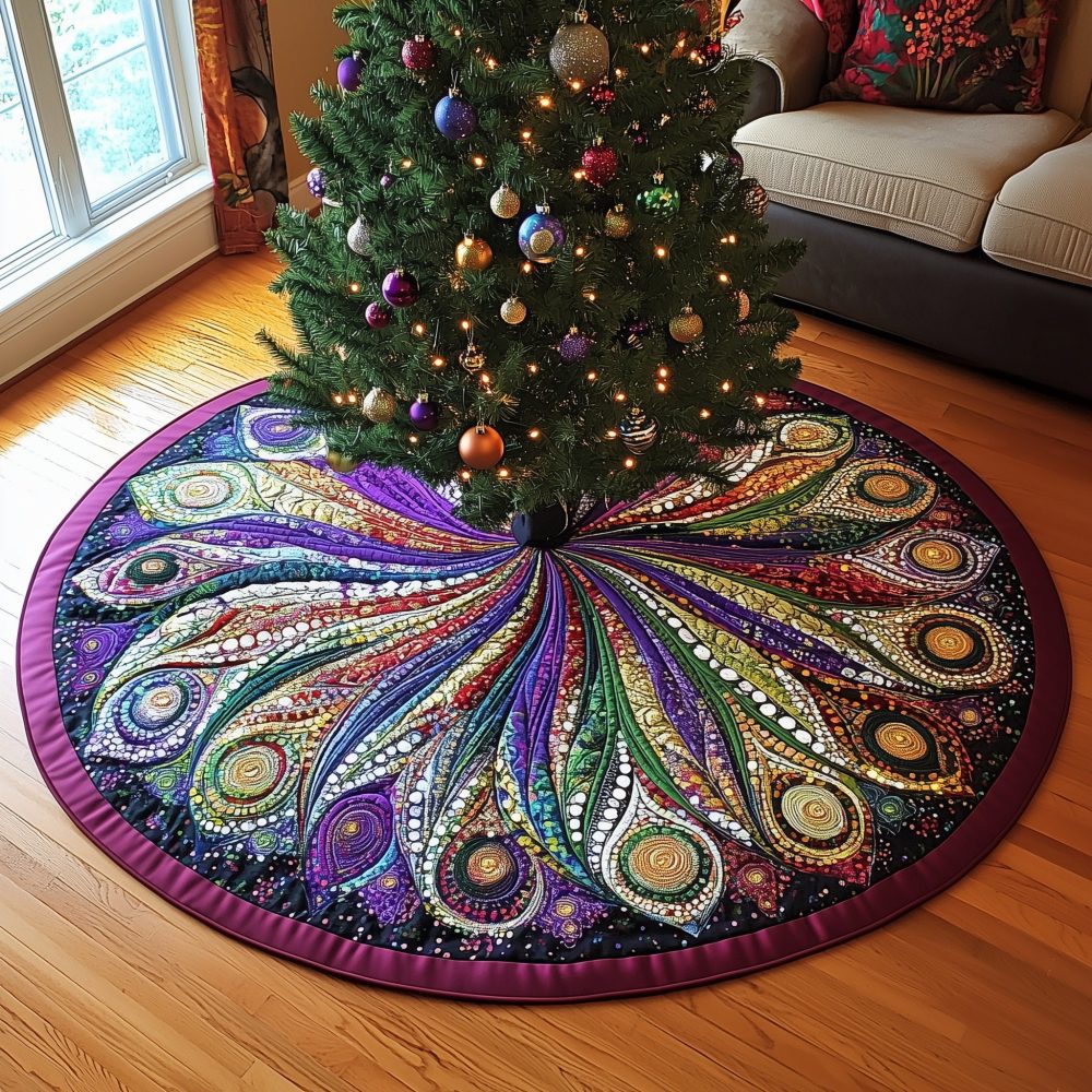 Bright Feather Rosette Tree Skirt With Dark Border — Bold Colorful Holiday Tree Skirt, Custom-Made Accent For Vibrant Christmas Decor