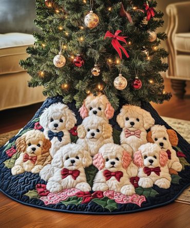 Navy Tree Skirt With Bows & Poodles — Classic Custom Christmas Skirt, Handcrafted Poodle Print Skirt, Made-To-Order For Holiday Homes
