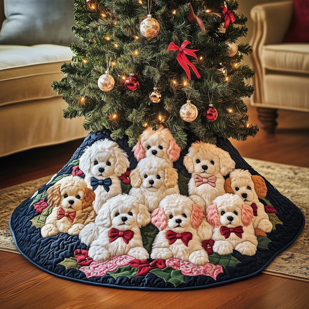 Navy Tree Skirt With Bows & Poodles — Classic Custom Christmas Skirt, Handcrafted Poodle Print Skirt, Made-To-Order For Holiday Homes