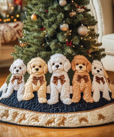 Apricot Poodles With Brown Bows Christmas Tree Skirt — Custom-Made Holiday Skirt With Cute Canine Print, Personalized Options