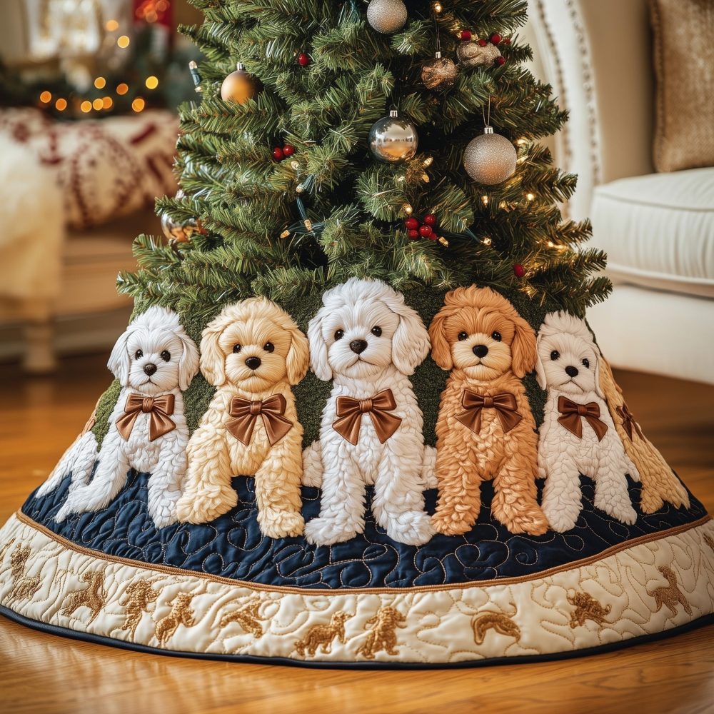 Apricot Poodles With Brown Bows Christmas Tree Skirt — Custom-Made Holiday Skirt With Cute Canine Print, Personalized Options