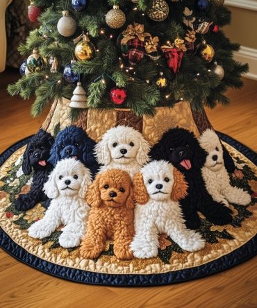 Navy-Trimmed Cream Christmas Tree Skirt With Poodle Family — Custom Made Holiday Tree Collar, Pet-Themed Décor