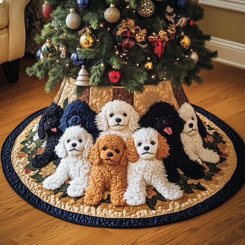 Navy-Trimmed Cream Christmas Tree Skirt With Poodle Family — Custom Made Holiday Tree Collar, Pet-Themed Décor