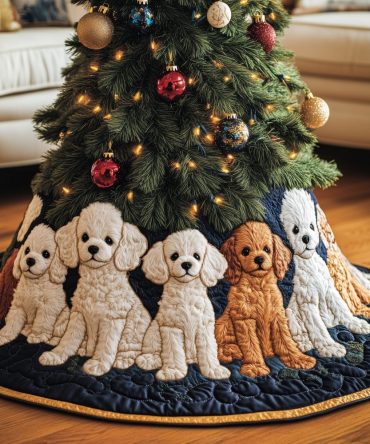 Cream & Apricot Poodles On Navy Holiday Tree Skirt — Elegant Custom Dog Print Tree Skirt, Made-To-Order With Premium Materials