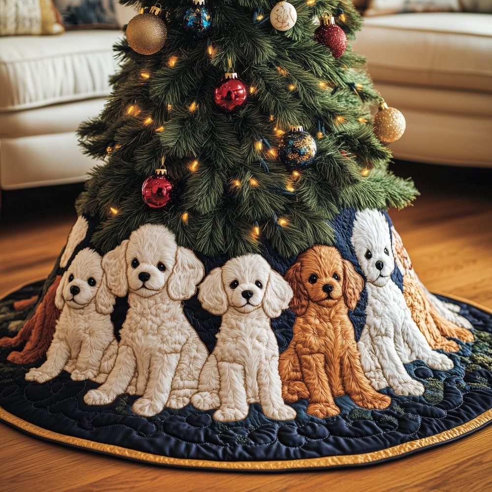 Cream & Apricot Poodles On Navy Holiday Tree Skirt — Elegant Custom Dog Print Tree Skirt, Made-To-Order With Premium Materials