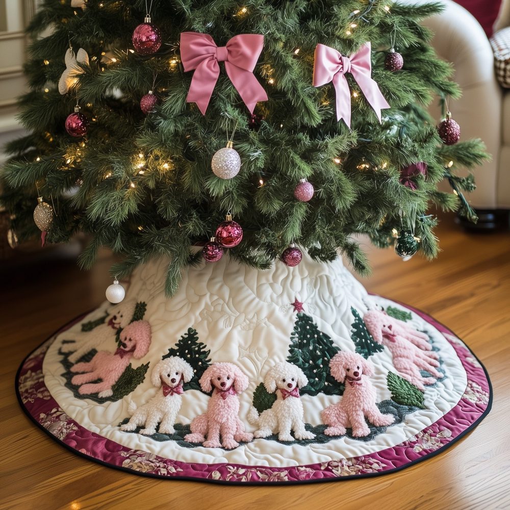 Pink Poodles With Green Trees Christmas Tree Skirt — Custom Holiday Skirt, Vibrant Pet Pattern, Handcrafted And Made-To-Order