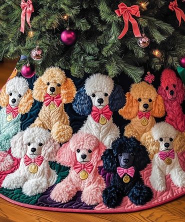 Bright Colorful Poodles With Bows Christmas Tree Skirt — Handmade Quilted Festive Pet Decor, Custom Sizes Available, Made-To-Order, Ships 2–3 Weeks