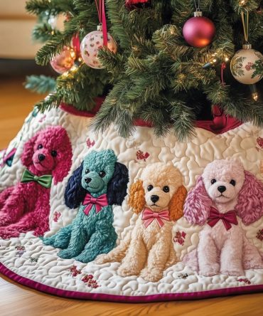 Custom Pink & Teal Poodle Holiday Tree Skirt — Vibrant Dog Pattern Christmas Tree Skirt, Handcrafted, Personalized, Made-To-Order