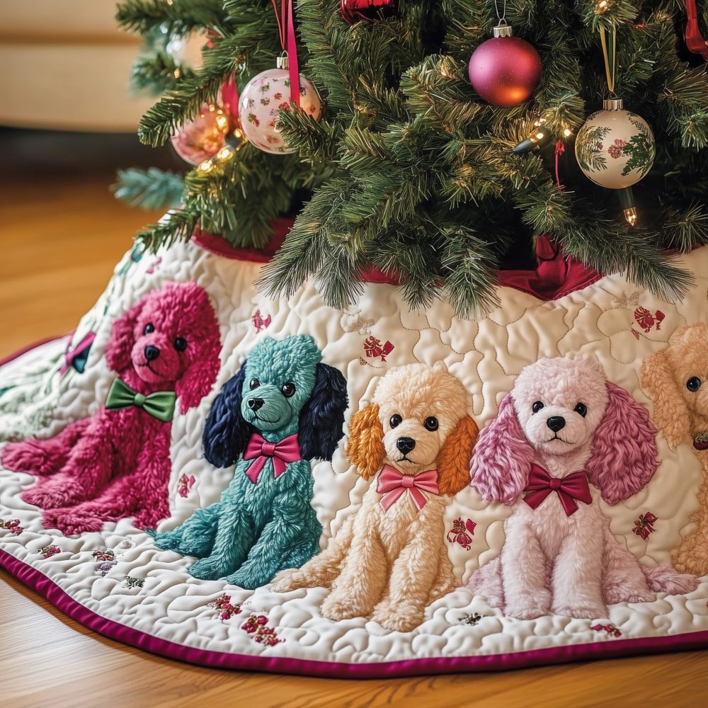 Custom Pink & Teal Poodle Holiday Tree Skirt — Vibrant Dog Pattern Christmas Tree Skirt, Handcrafted, Personalized, Made-To-Order