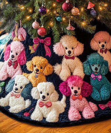 Playful Pastel Poodle Crowd On Navy Christmas Tree Skirt — Handmade Quilted Pet-Themed Decor, Made-To-Order In Custom Sizes, Ships In 2–3 Weeks