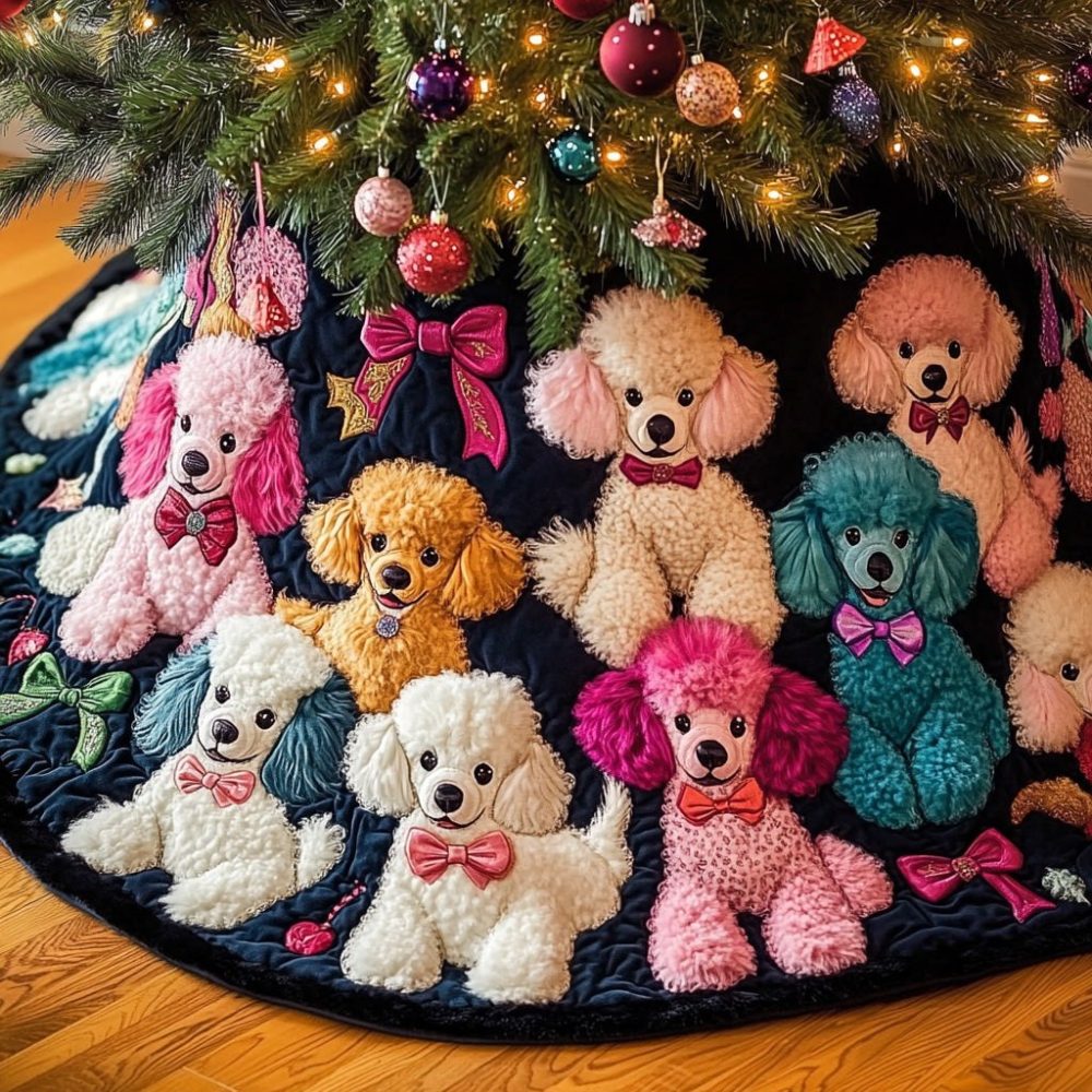 Playful Pastel Poodle Crowd On Navy Christmas Tree Skirt — Handmade Quilted Pet-Themed Decor, Made-To-Order In Custom Sizes, Ships In 2–3 Weeks
