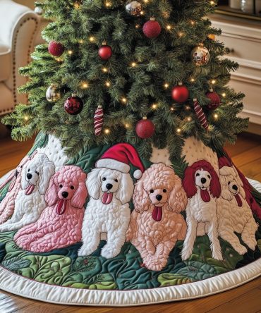 Festive Pink & White Poodles In Santa Hats Tree Skirt — Custom Holiday Tree Skirt With Cute Dog Print, Handcrafted Made-To-Order