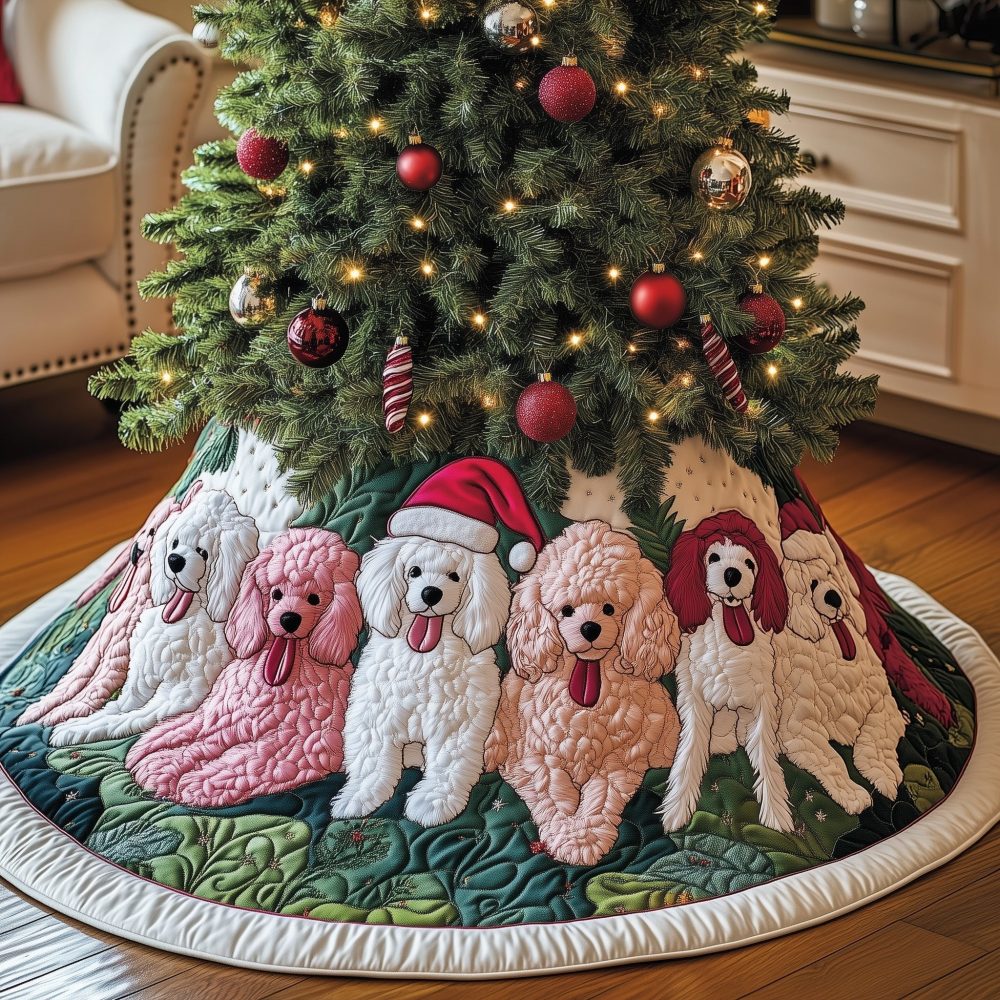 Festive Pink & White Poodles In Santa Hats Tree Skirt — Custom Holiday Tree Skirt With Cute Dog Print, Handcrafted Made-To-Order