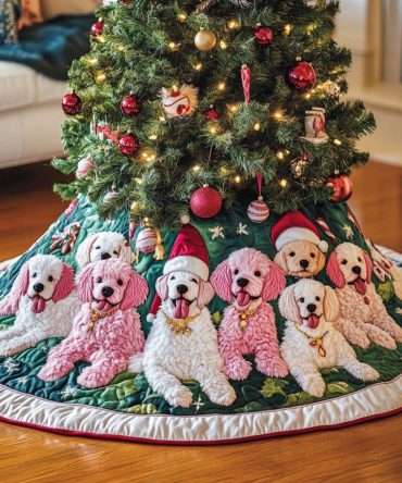 Green Poodle Christmas Tree Skirt With Santa Hat Dogs — Custom-Made Holiday Tree Skirt, Premium Fabric, Personalized Options Available