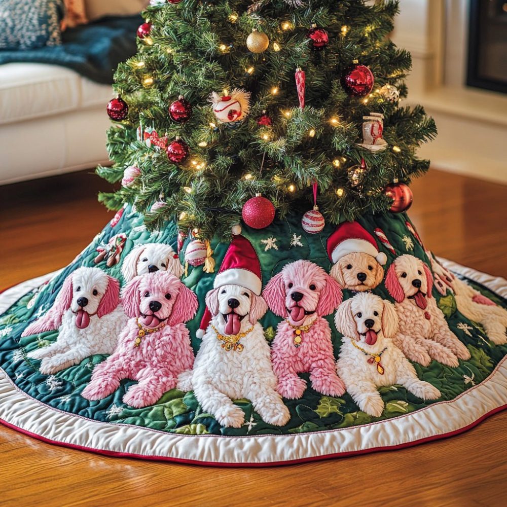 Green Poodle Christmas Tree Skirt With Santa Hat Dogs — Custom-Made Holiday Tree Skirt, Premium Fabric, Personalized Options Available