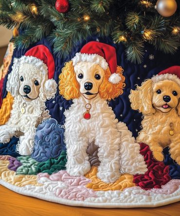 Cozy Poodles In Earmuffs & Santa Hats Tree Skirt — Made-To-Order Holiday Skirt With Cute Dog Winter Print, Custom Sizes Available