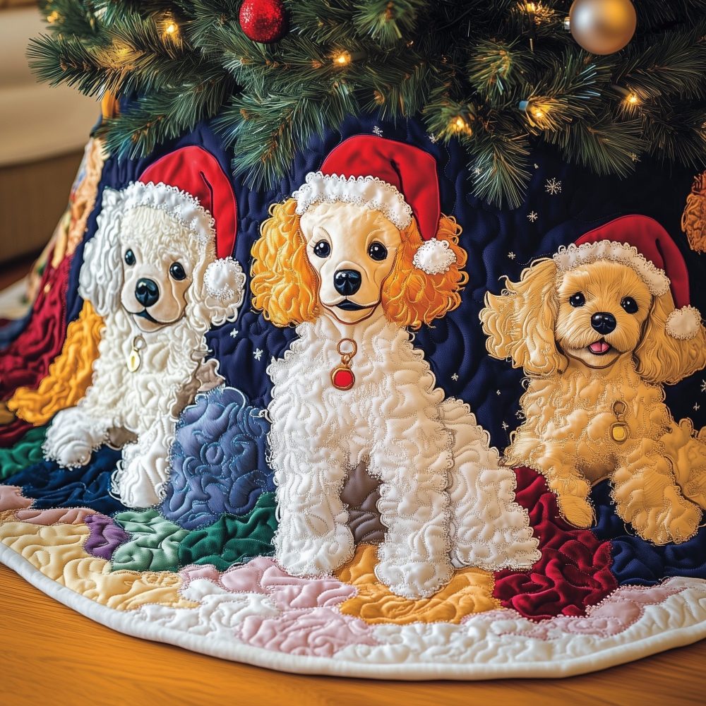 Cozy Poodles In Earmuffs & Santa Hats Tree Skirt — Made-To-Order Holiday Skirt With Cute Dog Winter Print, Custom Sizes Available