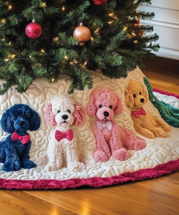 Blue & Pink Poodle Tree Skirt With Bows — Stylish Custom Holiday Tree Skirt, Made-To-Order, High-Quality Printed Fabric