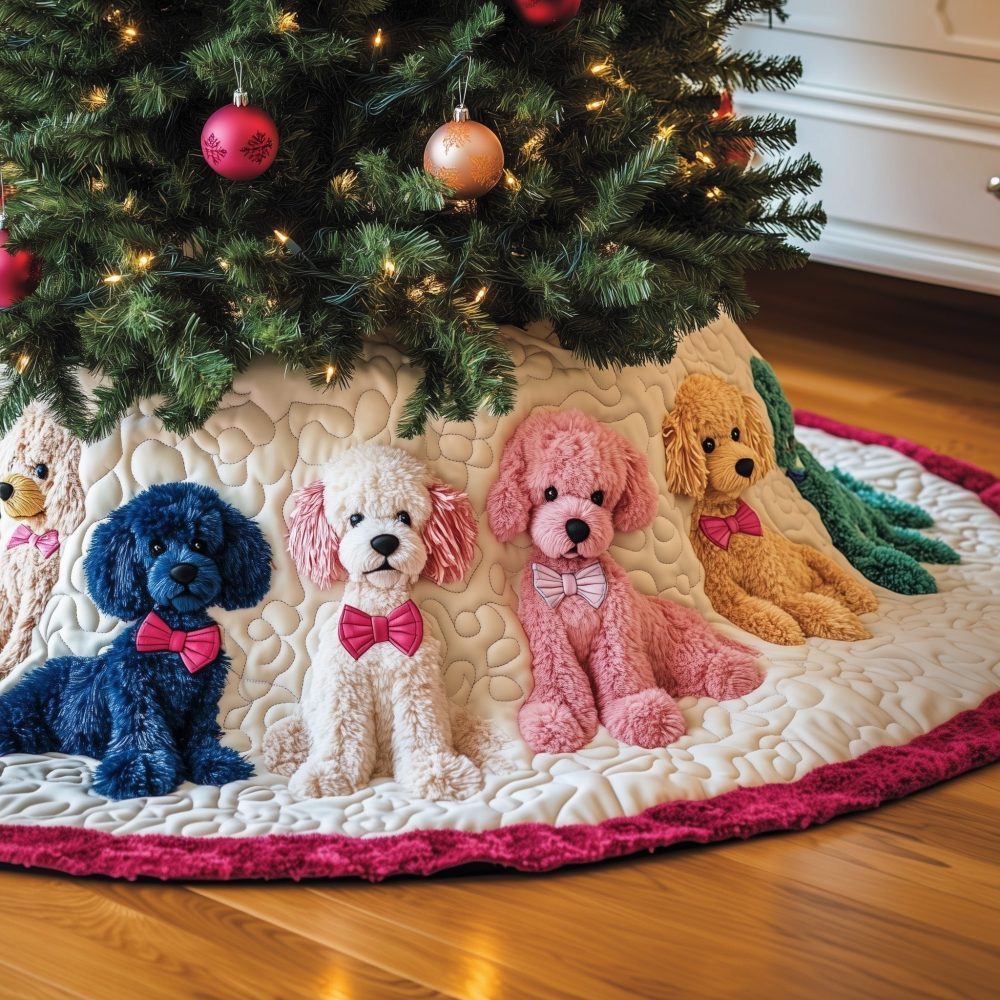 Blue & Pink Poodle Tree Skirt With Bows — Stylish Custom Holiday Tree Skirt, Made-To-Order, High-Quality Printed Fabric