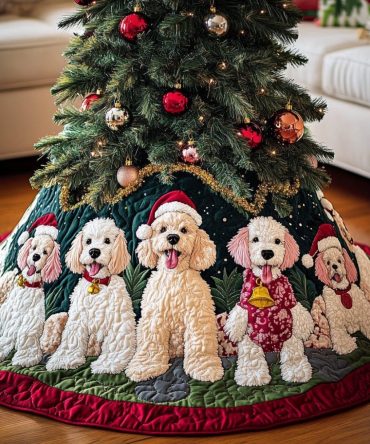 Poodle Love Christmas Tree Skirt — Adorable Poodle Applique, Pink Accents, Quilted Backing, Personalized Name Option, Handmade
