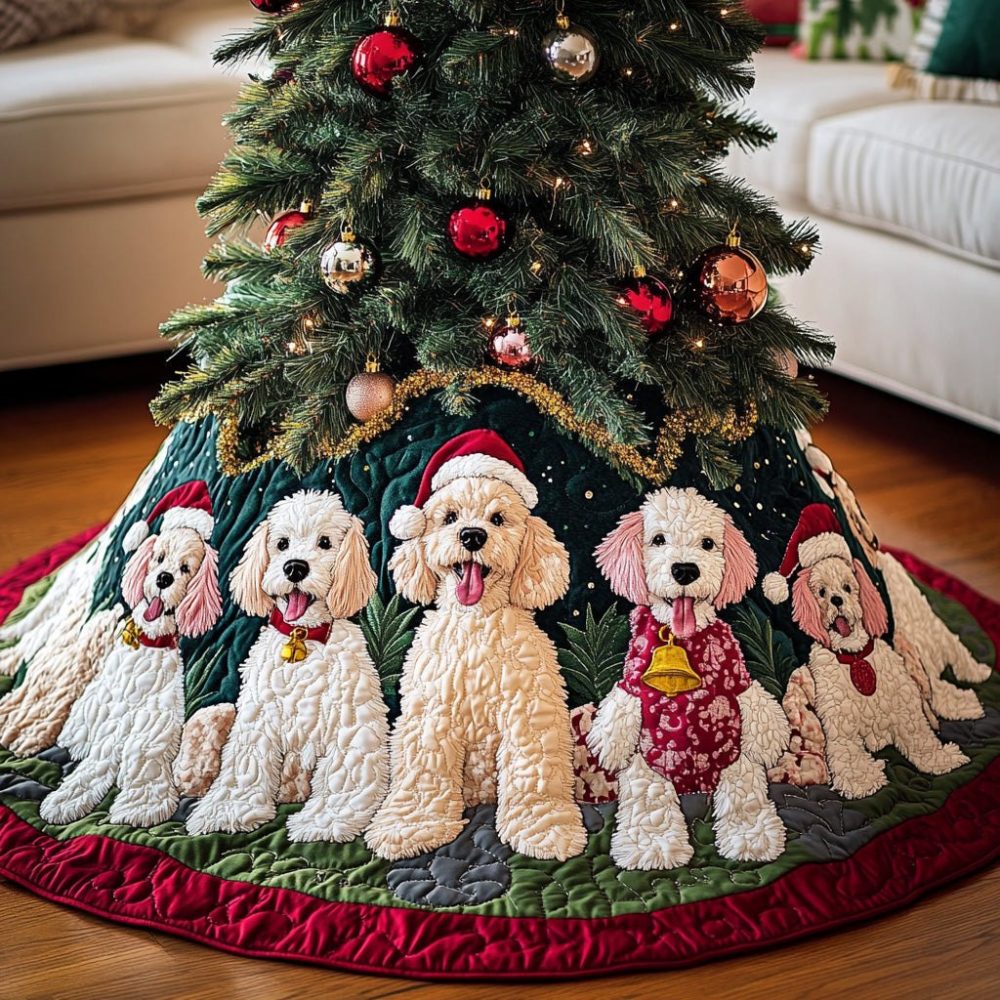 Poodle Love Christmas Tree Skirt — Adorable Poodle Applique, Pink Accents, Quilted Backing, Personalized Name Option, Handmade