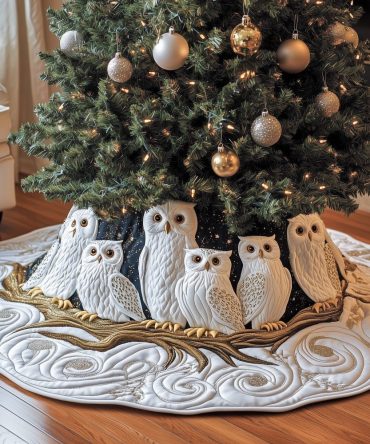 Beautiful White Owls On A Golden Branch Christmas Tree Skirt — Handcrafted Quilted Luxury, Made-To-Order, Custom Sizes Available, Ships In 2–3 Weeks