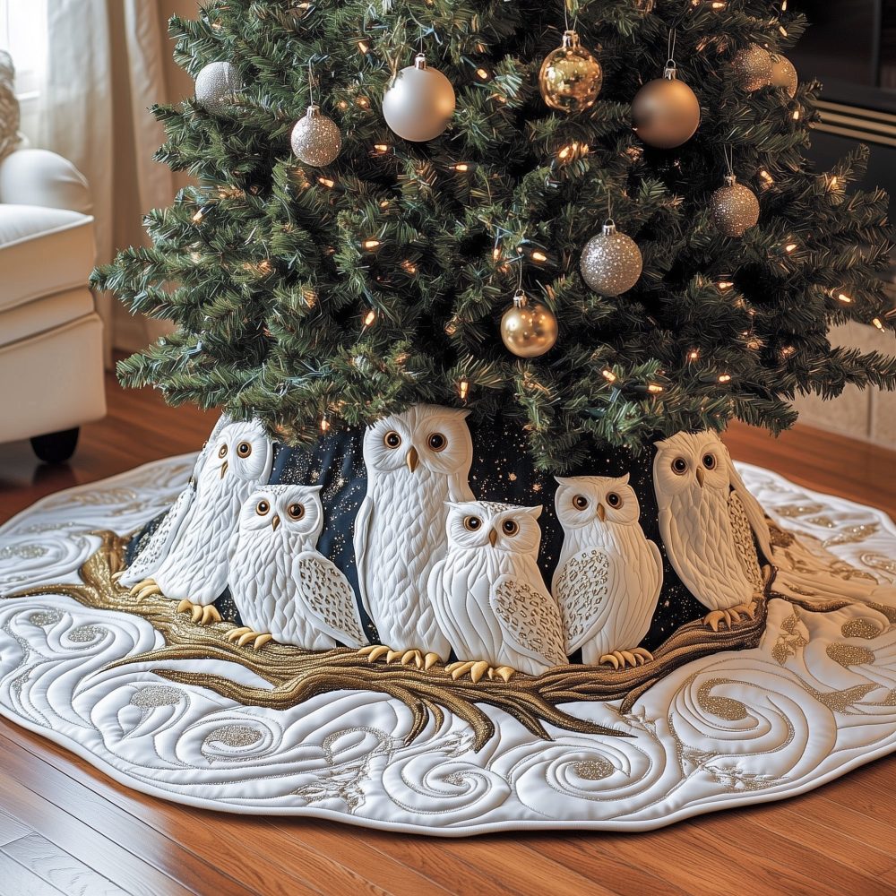 Beautiful White Owls On A Golden Branch Christmas Tree Skirt — Handcrafted Quilted Luxury, Made-To-Order, Custom Sizes Available, Ships In 2–3 Weeks