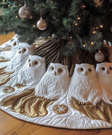 Cream & Gold Christmas Tree Skirt Featuring White Owls — Handcrafted Quilted Elegance, Made-To-Order, Custom Sizes Available, Ships In 2–3 Weeks