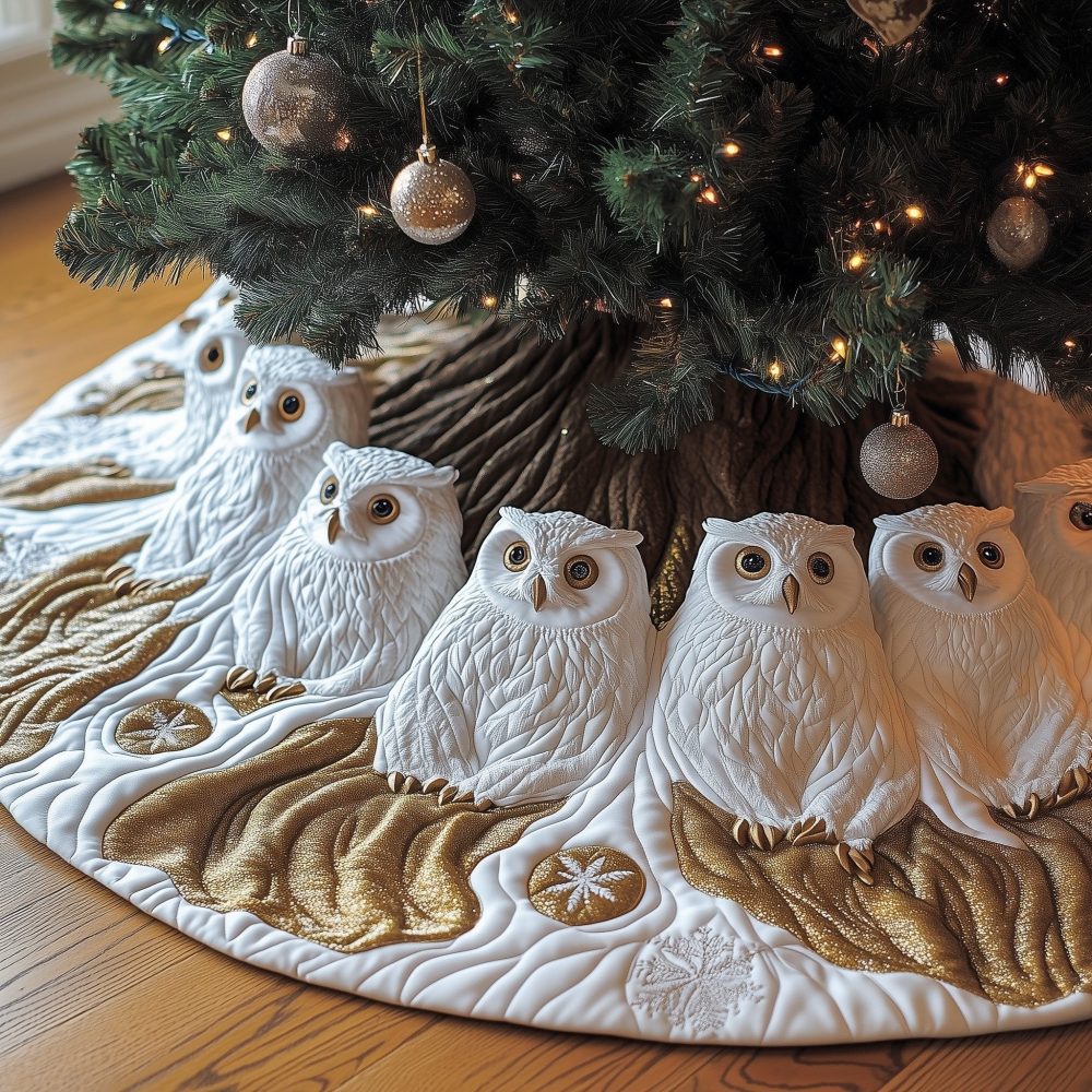 Cream & Gold Christmas Tree Skirt Featuring White Owls — Handcrafted Quilted Elegance, Made-To-Order, Custom Sizes Available, Ships In 2–3 Weeks