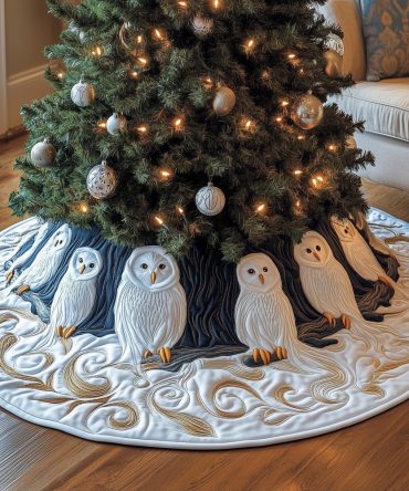 Navy & Cream Christmas Tree Skirt With White Owls — Handcrafted, Quilted Made-To-Order Design, Available In Custom Sizes, Ships In 2–3 Weeks