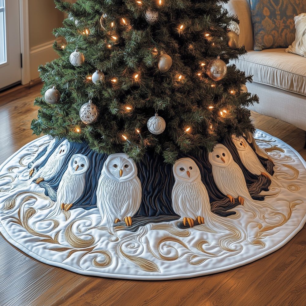 Navy & Cream Christmas Tree Skirt With White Owls — Handcrafted, Quilted Made-To-Order Design, Available In Custom Sizes, Ships In 2–3 Weeks
