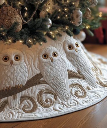 Snowy Owls On White Swirls Christmas Tree Skirt — Handcrafted Quilted Winter Design, Made-To-Order, Available In Custom Sizes, Ships 2–3 Weeks
