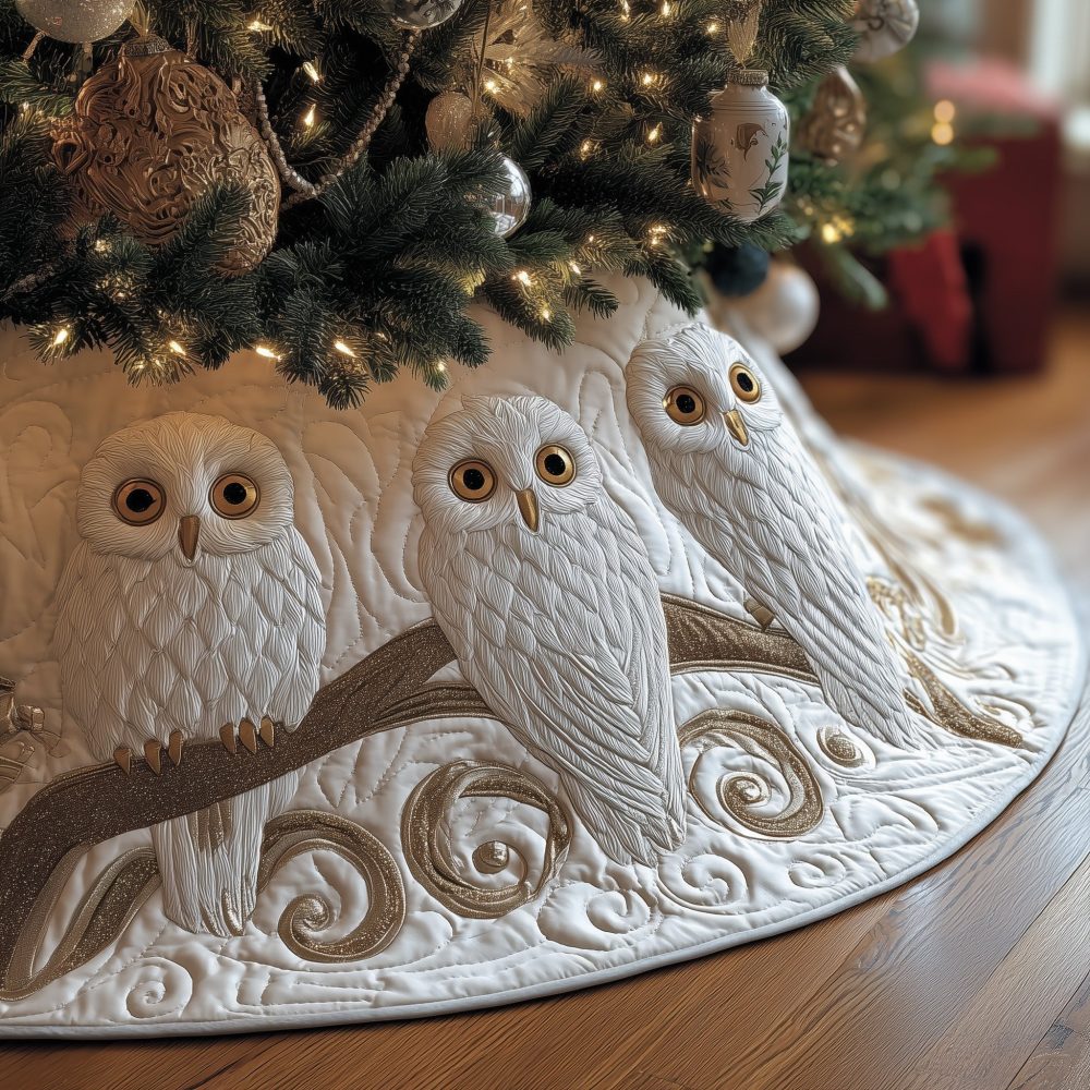 Snowy Owls On White Swirls Christmas Tree Skirt — Handcrafted Quilted Winter Design, Made-To-Order, Available In Custom Sizes, Ships 2–3 Weeks