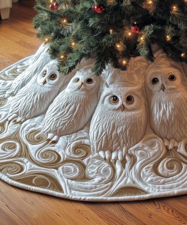 Ivory Swirls Christmas Tree Skirt With White Owls — Handcrafted Quilted Design, Made-To-Order In Custom Sizes, Elegant Winter Holiday Accent, Ships 2–3Wks