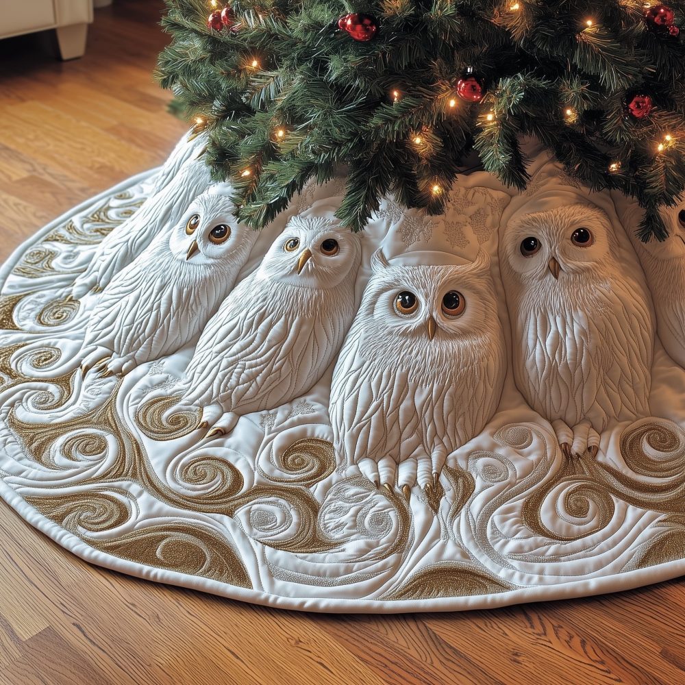 Ivory Swirls Christmas Tree Skirt With White Owls — Handcrafted Quilted Design, Made-To-Order In Custom Sizes, Elegant Winter Holiday Accent, Ships 2–3Wks