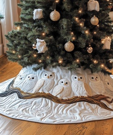 Charming White Owl Family On Branch Christmas Tree Skirt — Handcrafted Quilted Design, Made-To-Order, Custom Sizing, Ships In 2–3 Weeks