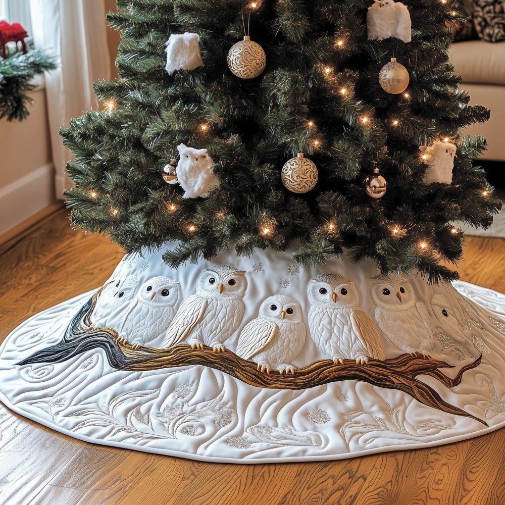 Charming White Owl Family On Branch Christmas Tree Skirt — Handcrafted Quilted Design, Made-To-Order, Custom Sizing, Ships In 2–3 Weeks