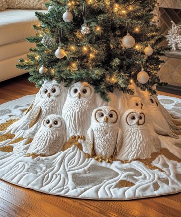 Regal White Owls On A Golden Bough Christmas Tree Skirt — Handmade, Quilted Luxury Holiday Accent, Custom Sizes Available, Ships In 2–3 Weeks