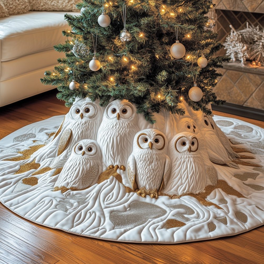 Regal White Owls On A Golden Bough Christmas Tree Skirt — Handmade, Quilted Luxury Holiday Accent, Custom Sizes Available, Ships In 2–3 Weeks
