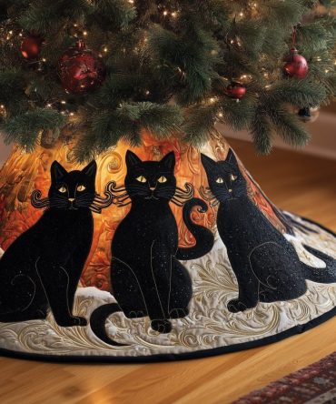 Ivory Tree Skirt With Black Cat Silhouettes — Charming Handmade Holiday Décor For Cat Lovers, Custom Size Options