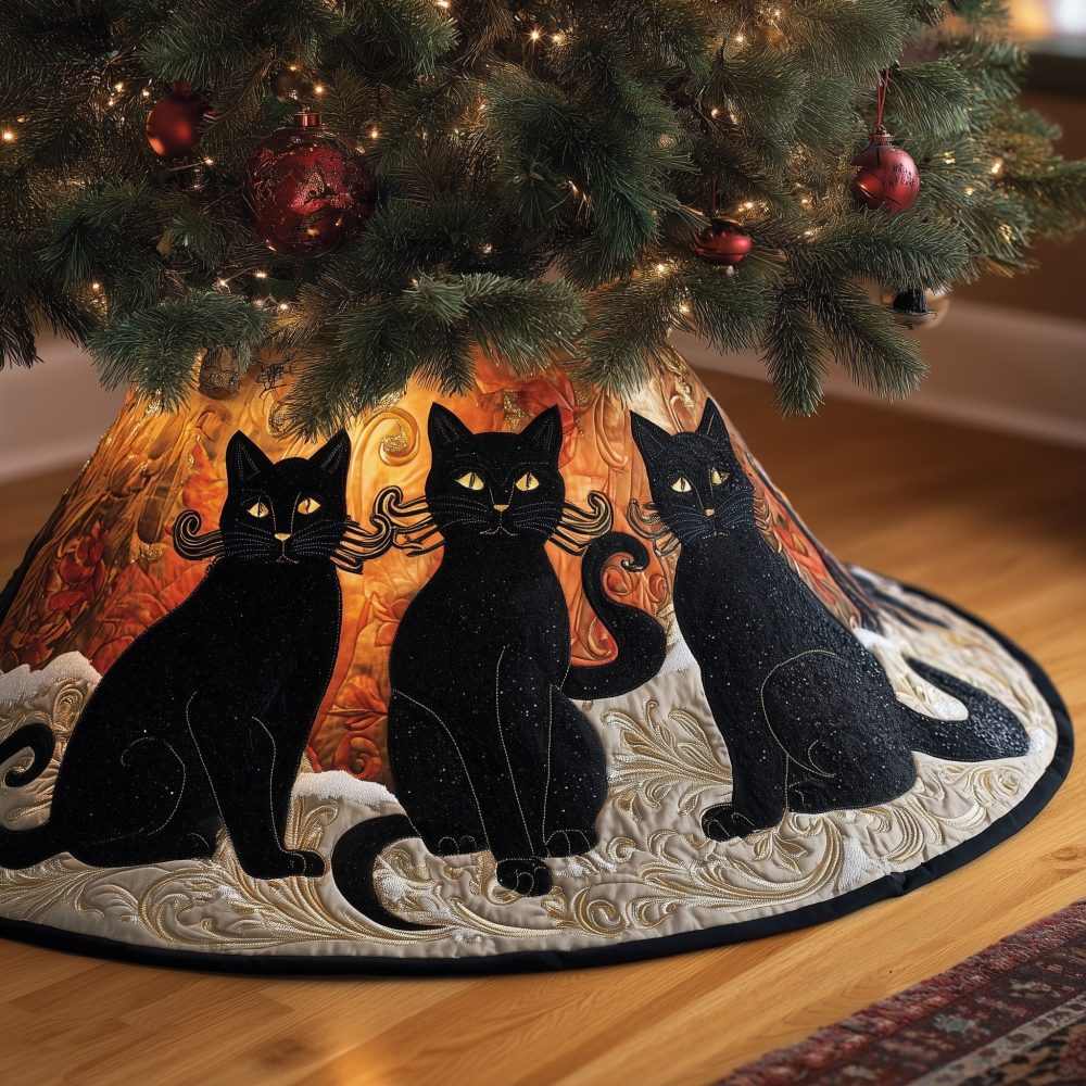 Ivory Tree Skirt With Black Cat Silhouettes — Charming Handmade Holiday Décor For Cat Lovers, Custom Size Options