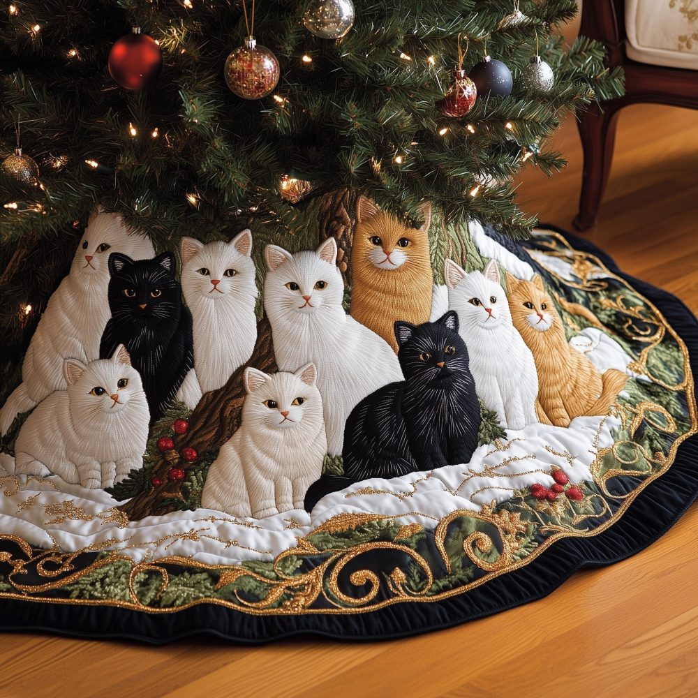 Elegant Gold-Bordered Quilted Christmas Tree Skirt With Cat Motifs On Cream — Handmade, Luxurious Made-To-Order, Sizes Up To Custom, Ships 2–3Wk