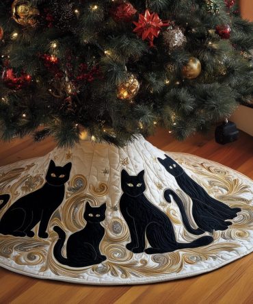 Gold Swirl Black Cat Family Tree Skirt — Luxurious Handmade Holiday Décor With Playful Feline Silhouettes, Custom Fit