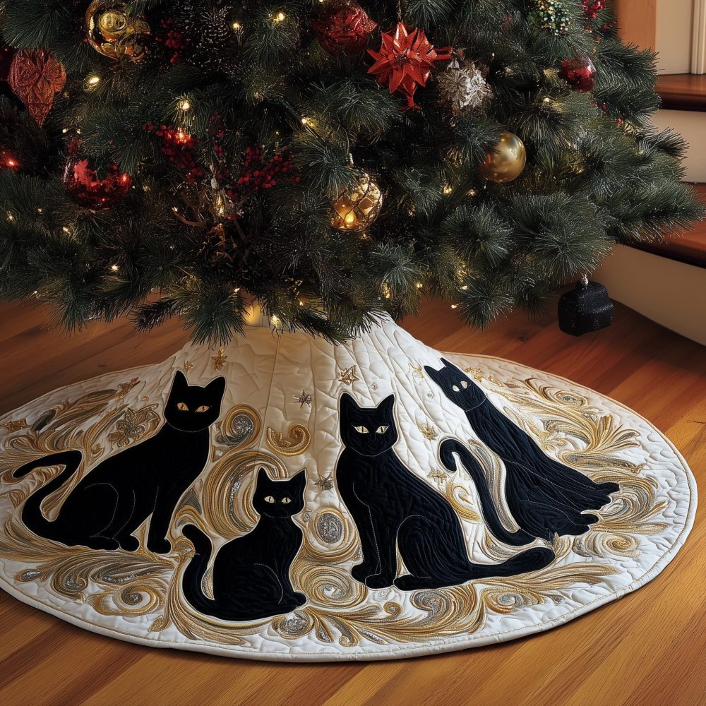 Gold Swirl Black Cat Family Tree Skirt — Luxurious Handmade Holiday Décor With Playful Feline Silhouettes, Custom Fit