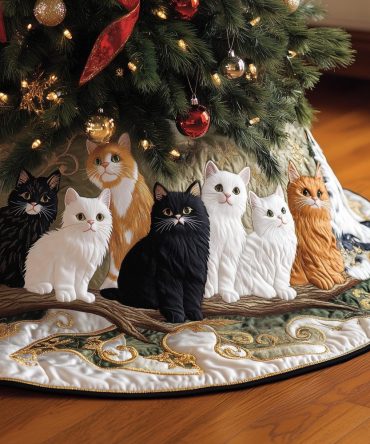 Soft Fluffy Cats On A Cream Branch Christmas Tree Skirt — Handcrafted Quilted Design, Made-To-Order In Custom Sizes, Ships In 2–3 Weeks