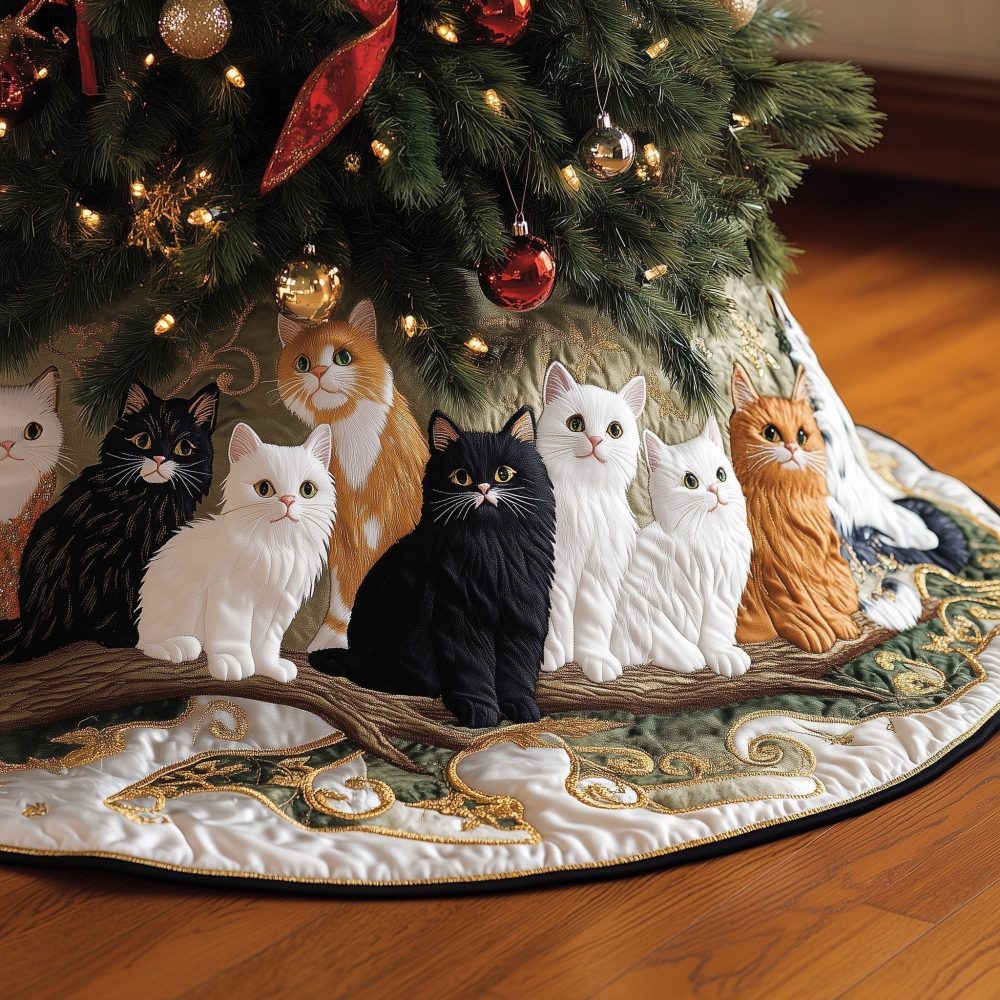 Soft Fluffy Cats On A Cream Branch Christmas Tree Skirt — Handcrafted Quilted Design, Made-To-Order In Custom Sizes, Ships In 2–3 Weeks