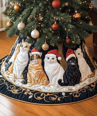 Handmade Gold-Vine Christmas Tree Skirt With Playful Cats In Santa Hats - Custom Sizes, Luxury Holiday Décor For Cat Lovers