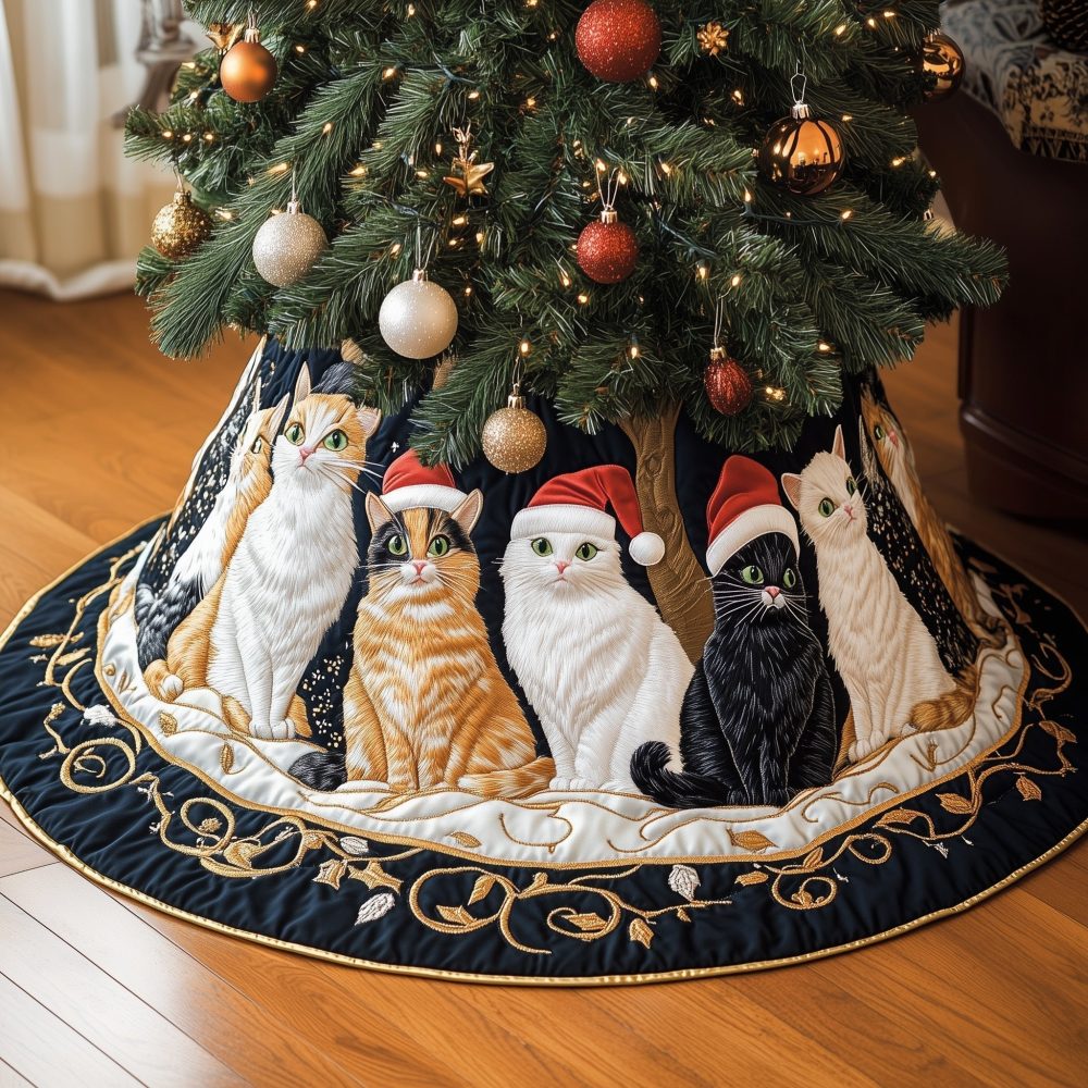 Handmade Gold-Vine Christmas Tree Skirt With Playful Cats In Santa Hats - Custom Sizes, Luxury Holiday Décor For Cat Lovers